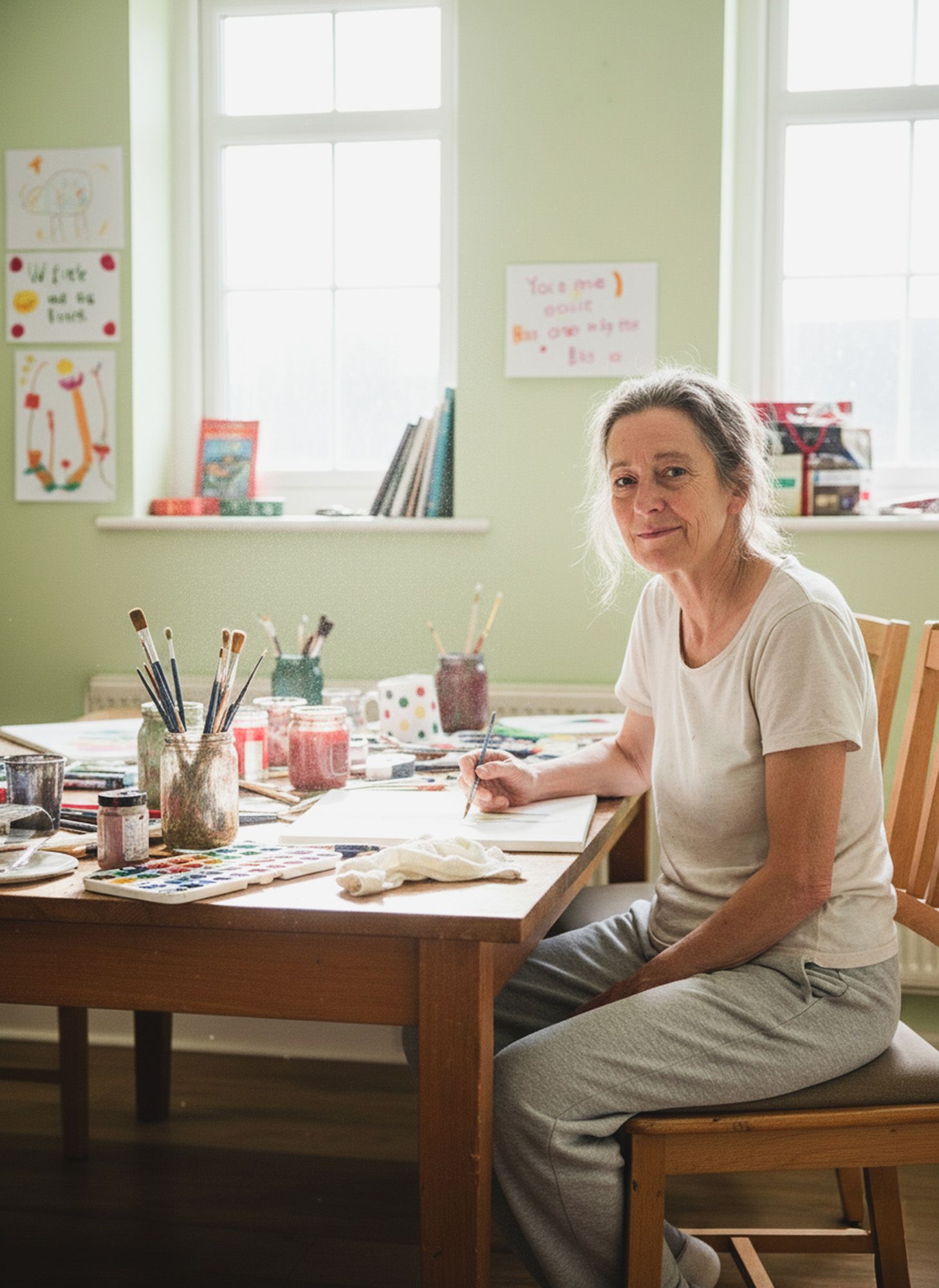 Person creating art at a table with painting supplies